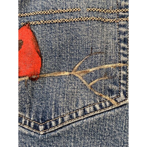 Hand Painted Cardinal  J Jill Blue Denim Jean Stretch Pant OOAK Back Left Pocket - Picture 8 of 13